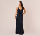 Art Deco Beaded Blouson Gown In Navy Black