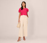 Double Flutter Sleeve Top With Pleated Details In Pink Cherry