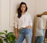Button Down Eyelet Top With Long Sleeves In White