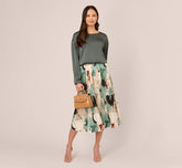 Abstract Print A Line Satin Midi Skirt In Dusty Seafoam Watercolor