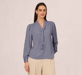 Long Sleeve Embellished Tie Collar Blouse In Dusty Blue