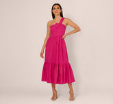 One Shoulder Floral Applique Cotton Midi Dress In Pink