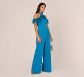 Cold Shoulder Stretch Crepe Jumpsuit With Feather Trim In Deep Cerulean