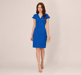 Short Sleeve Sheath Dress With Ruffle Trim In Cobalt Blue