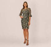 Metallic Embroidered Sheath Dress In Black Gold