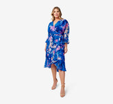 Plus Size Floral-Print Chiffon Short Wrap Dress In Blue Multi