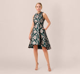 Metallic Floral Jacquard Ruffled Fit And Flare Short Day Dress In Hunter Multi