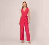 Stretch Knit Crepe Faux Wrap Wide Leg Jumpsuit With Overlay In Pink Lotus