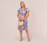 Plus Size Flutter Sleeve Floral Print Dress With Tie Front In Peri Multi