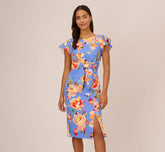 Flutter Sleeve Floral Print Dress With Tie Front In Peri Multi