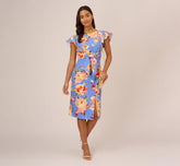 Flutter Sleeve Floral Print Dress With Tie Front In Peri Multi