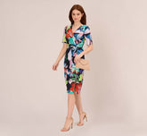 Floral Knotted Sheath Dress With Elbow-Length Sleeves In Dark Navy Multi