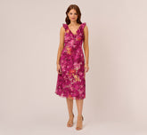 Metallic Floral Chiffon Midi Dress With Ruffled Neckline In Raspberry Multi