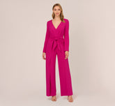 Long Sleeve Crepe Jumpsuit With Tie Front In Hot Orchid