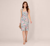Sleeveless Floral Matelasse Dress With Draped Details In Blue Multi
