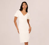 Crepe Faux Wrap Sheath Dress With Floral Accent Short Sleeves In Ivory