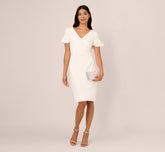 Crepe Faux Wrap Sheath Dress With Floral Accent Short Sleeves In Ivory