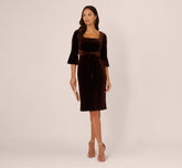 Velvet Tie Front Sheath Dress With Bell Sleeves In Dark Brown