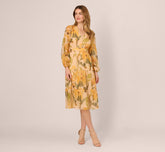 Long Sleeve Floral Organza Midi Dress In Ecru Yellow Multi