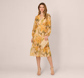Long Sleeve Floral Organza Midi Dress In Ecru Yellow Multi