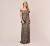 Off The Shoulder Sequin Beaded Gown In Lead