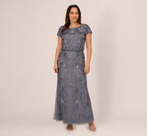 Plus Size Long Beaded Blouson Dress In Dusty Blue