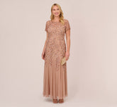 Plus Size Hand Beaded Short Sleeve Floral Godet Gown In Rose Gold