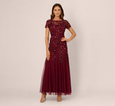 Hand Beaded Short Sleeve Floral Godet Gown In Mahogany