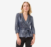 Metallic Foil Jersey Tuxedo Jacket In Navy Gunmetal