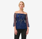 Hand-Beaded Illusion Off-The-Shoulder Top In Light Navy