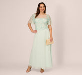 Plus Size Hand-Beaded Illusion Long Gown With Flutter Sleeves In Mint Glass