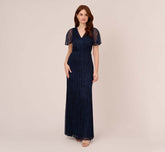 Crinkled Metallic Mesh Long Gown In Navy Night
