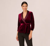 Velvet And Satin Tuxedo Jacket Top In Burgundy
