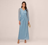 Metallic Crinkled Mesh Draped Long Gown In Belize Blue