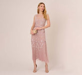 Beaded Ankle-Length Dress With Sheer Neckline In Dusted Petal Ivory