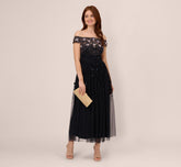 Off The Shoulder Ankle-Length Beaded Dress With Sequin Rosettes In Navy Rosegold