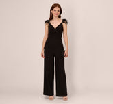 Crepe Wide Leg Jumpsuit With Bead And Feather Accents In Black