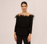 Off The Shoulder Three Quarter Sleeve Top With Feather Accents In Black