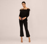 Off The Shoulder Three Quarter Sleeve Top With Feather Accents In Black