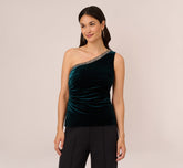 Velvet One Shoulder Top With Beaded Neck In Hunter