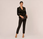 Glitter Velvet Tuxedo Top With Three Quarter Sleeves In Black Gold