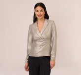 Metallic Foil Faux Wrap Top With Long Sleeves In Light Gold