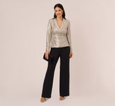 Metallic Foil Faux Wrap Top With Long Sleeves In Light Gold