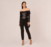 Off The Shoulder Sequin Tuxedo Top With Charmeuse Trim In Black