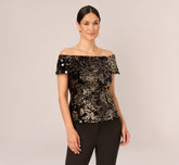Sequin And Velvet Off The Shoulder Top In Black Gold