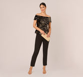 Sequin And Velvet Off The Shoulder Top In Black Gold