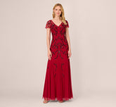 Short Sleeve Beaded Gown With Godet Skirt In Cranberry