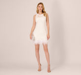 Sleeveless Floral Lace Dress With Feather Trim In Ivory