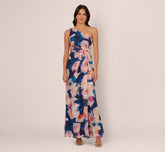 Floral Print Chiffon Gown With One Shoulder Neckline In Navy Blush