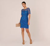 3D Floral Beaded Dress With Sheer Short Sleeves In Blue Horizon